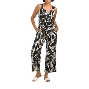 Tahari linen blend leaf-print belted V-neck wide-leg jumpsuit Women 8 Black Whit